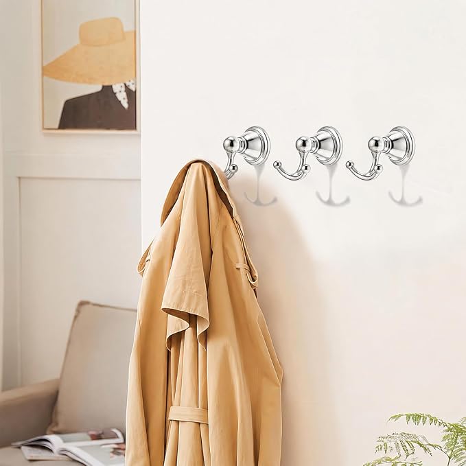 khtumeware 2 Pack Polished Nickel Robe Hooks Wall-Mounted Heavy-Duty Towel Hooks, Zinc Alloy Bathroom Coat Hooks and Suitable for Hanging Towels, Bathrobes, Clothes, Hats and Bags. - Image 3
