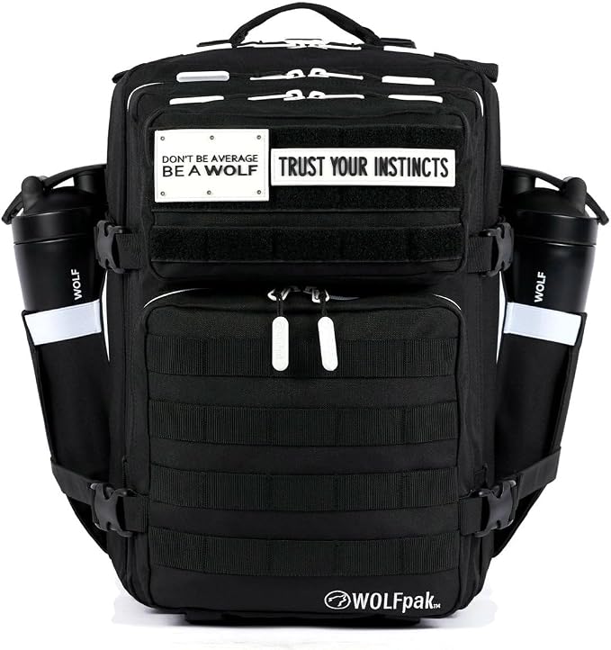 WOLFpak 35L Tactical Gym Backpack (Alpha Black White Accents) Durable 1000D Waterproof Oxford Material with MOLLE Webbing, Laptop Pocket & Dual Cup Holders, Durable Fitness/Travel/Military Daypack by WOLFpak