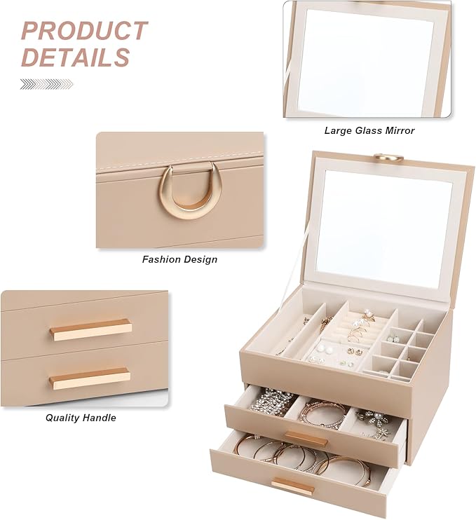 Leather Jewelry Box Premium 3-Layer Jewelry Case with Mirror - Scratch-Resistant Storage for Earrings, Rings, Necklaces, Ideal Gift for Women Apricot - Image 4