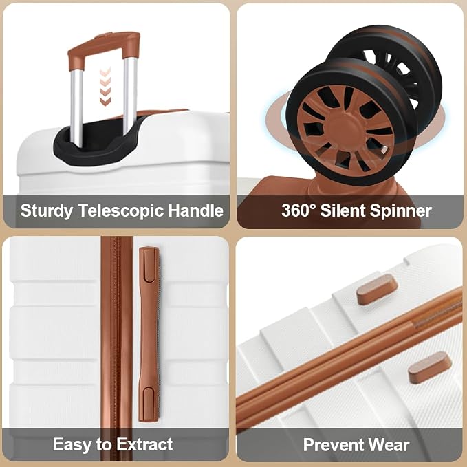 AnyZip Luggage Set 5 Piece PC ABS Hardshell Lightweight Suitcases for Travelling with 4 Universal Wheels TSA Lock Carry on Suitcase White Brown - Image 6