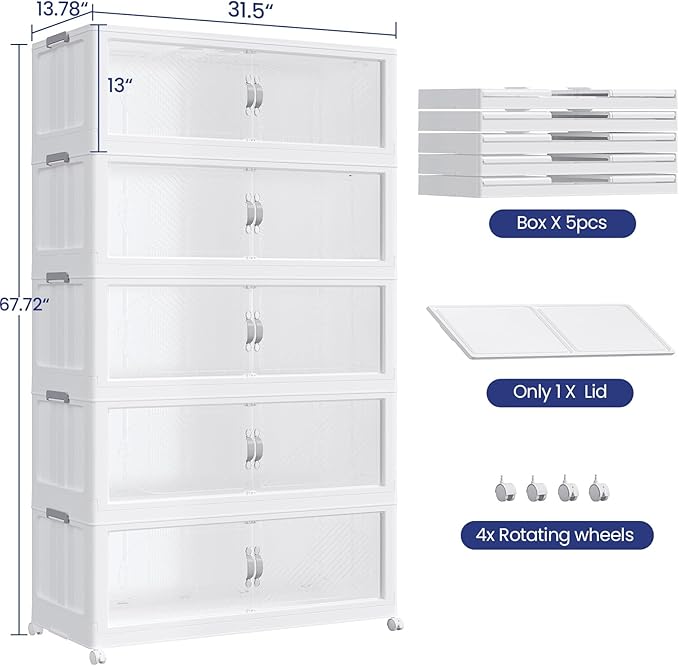 200Gal/800QT 5-Tiers Extra Large Stackable Storage Bins with Lid, Collapsible Cabinet Closet Organizer Plastic Container Box with Wheels Doors Drawers for Office Dorm Kitchen, White - Image 2