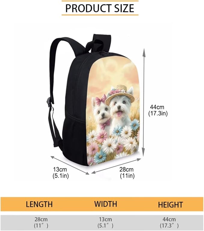 Westie Dog Daisy Flower Print Durable Backpack Set for Boys and Girls, Large Lightweight Schoolbag Set with Lunch Bag Pen Bag, Suitable for Elementary and Middle School Students - Image 2