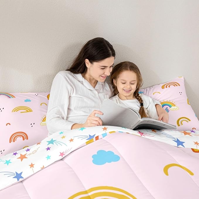Rainbow Twin Comforter Sets For Girls, Kawaii Cartoon Cloud Duvet Insert, Girly Iridescent Down Comforter With 1 Pillow Case Hand Drawn Rainbow Quilt For Kids Boys Children Women Bedroom, Pink - Image 5