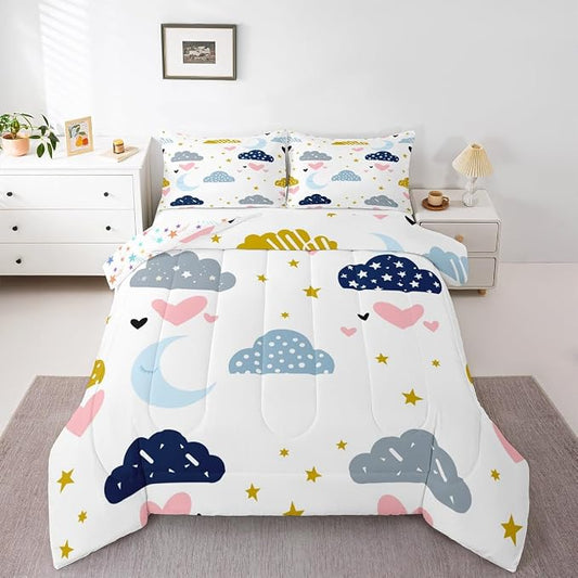 Kawaii Comforter Set With 1 Pillow Case, Moon Stars Cloud Bedding Set Twin Size For Kids Girls Boys Children,Pink Love Heart Quilt Cartoon Rainbow Down Comforter Soft Cozy Lightweight Duvet Insert by Erosebridal