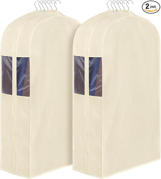 Univivi Premium Cotton Garment Bags for Hanging Clothes and Storage, 40 Inch Washable Suit Cover Bag with Extra Large 10" Gusset & Clear Window - Perfect for Suits, Coats, Jackets - 2 Pack, Beige by Univivi