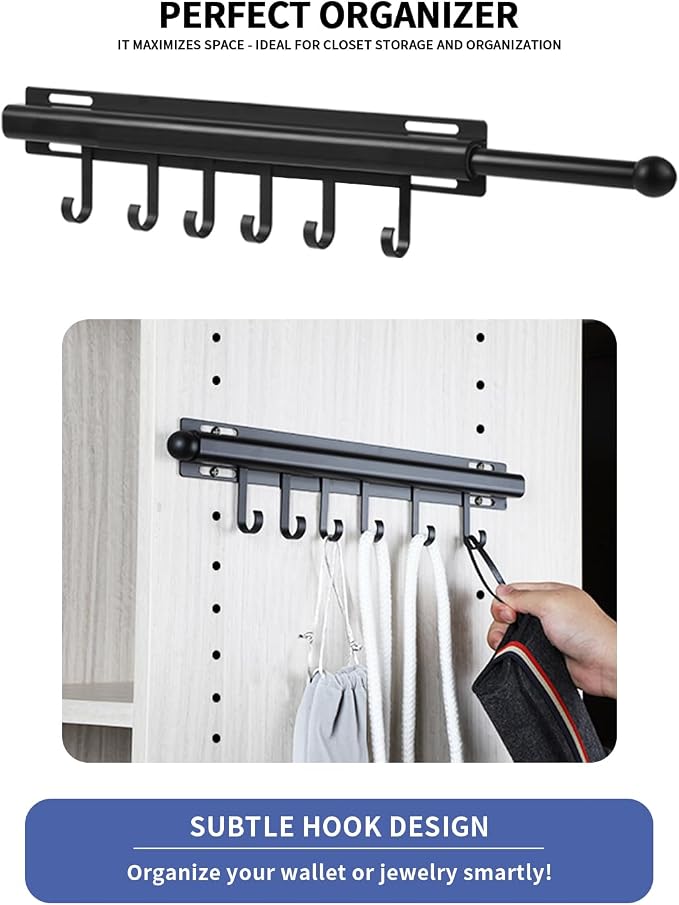 BaiNong Valet Rod for Closets Pull Out 16.5" Black with 6 Hooks | Closet Valet Rod Slide Out for Closets, Laundry Rooms, RVs Space-Saving - Image 2
