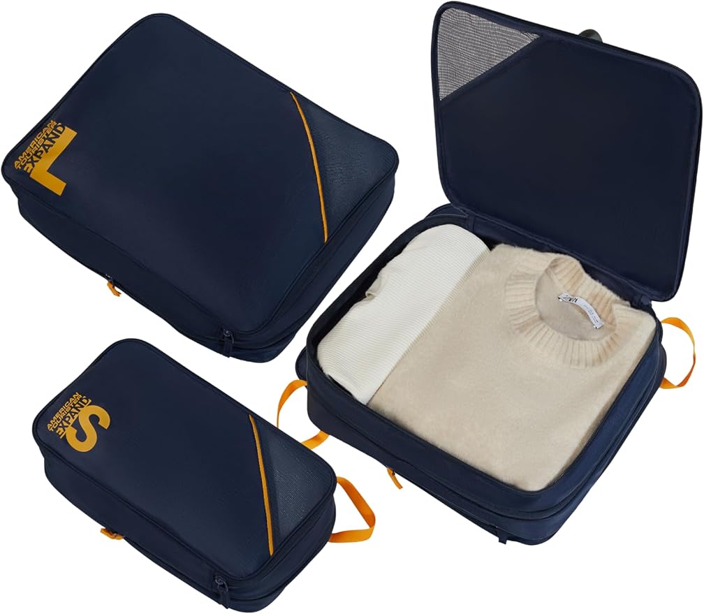 American Tourister Packing Cube Set of 3 - Suitcase Organiser for Holidays, Luggage Organiser for Suitcases, Hand Luggage and Backpack, Dark Blue/Orange - Image 2