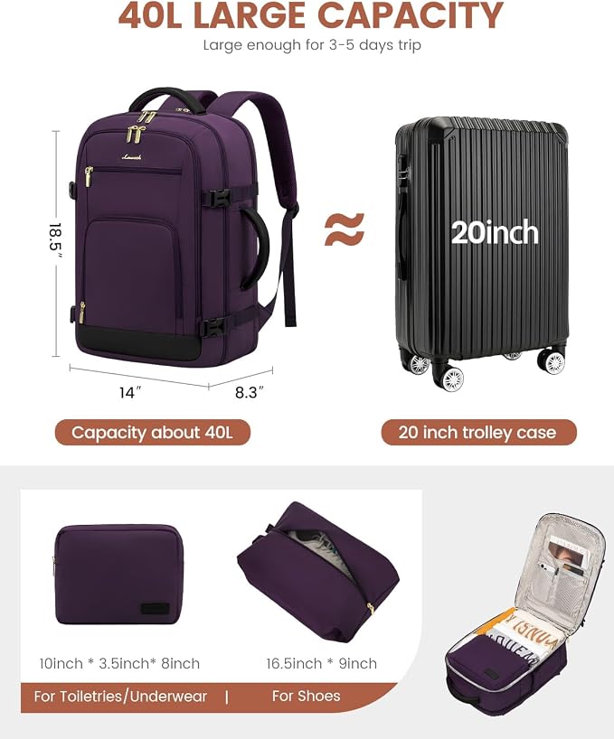 LOVEVOOK Carry On Travel Backpack For Women Flight Approved, 40L Large Personal Item Backpack Travel Bag for Airplanes, Business 17 Inch Laptop Backpack, Weekender Overnight Daypack, With 2 Cubes - Image 3