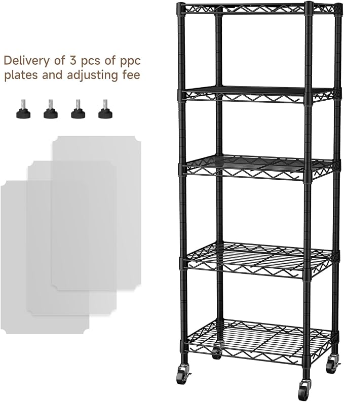 Golpart Small 5 Tier Shelves Storage Wire Shelving Unit Metal Shelf Adjustable Organizers Storage Shelving with Wheels for Bathroom Laundry Room Kitchen Pantry11.7”D x 17.7”W x 57.2”H Black - Image 4