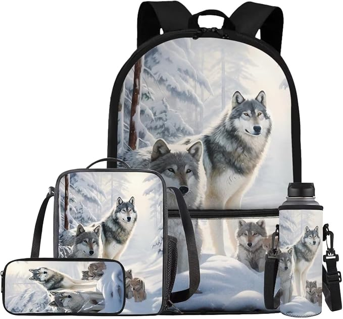 Wolf Backpack for Girls Boys Backpack with Lunch Box Water Bottle Bag and Soft Pencil Case 4PCS Set Bookbag with Front Pocket for School Teens 17 inch Large Capacity School Bag for Kids by ELEDIZI