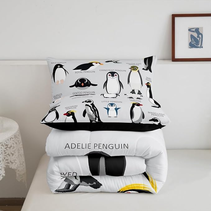 Erosebridal Penguin Comforter Set King Size,Black White Penguins Bedding Set Cute Animal Down Comforter for Kids Boys Girls Teens,Wildlife Grey Bedding Quilted Sets with 2 Pillow Cases Bedroom Decor - Image 8