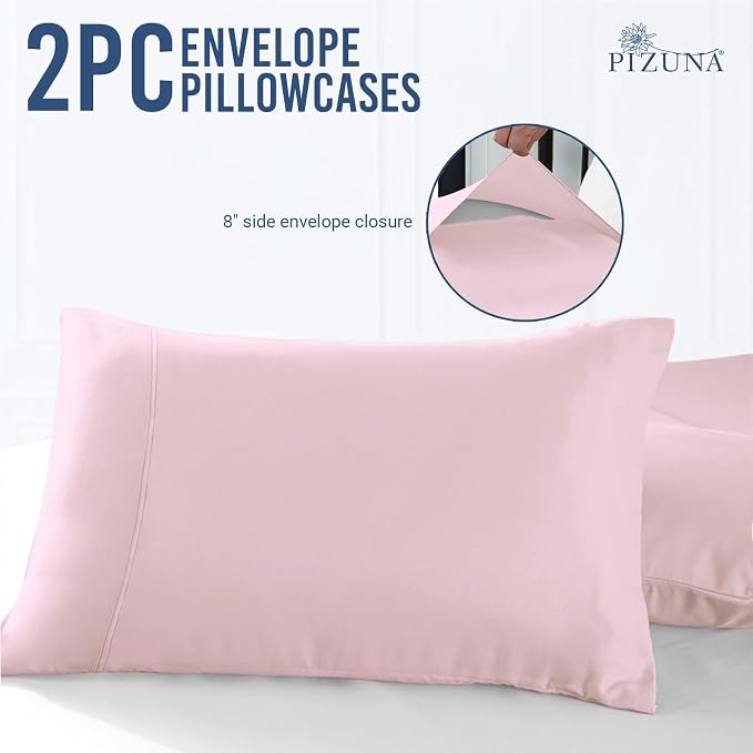 Pizuna 100% Cotton Pillow Cases Queen Size Set of 2 Luxury 1000 Thread Count Sateen Weave Long Staple Cotton Hotel Quality Envelope Closure Pillow Covers Fits Standard/Queen Pillows - Light Pink - Image 3