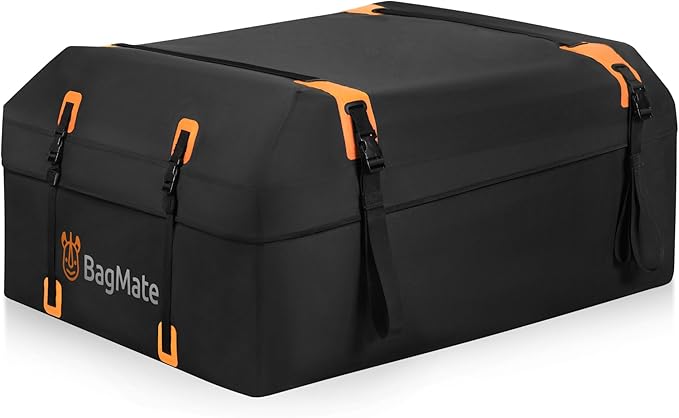 Car Roof Bag - Car Rooftop Cargo Carrier Bag – 19 Cubic Ft Waterproof Roof Rack Cargo Carrier, Includes Anti-Slip Mat, 4 Door Hooks, Reinforced Zipper/Buckle, with or Without Rack by BagMate