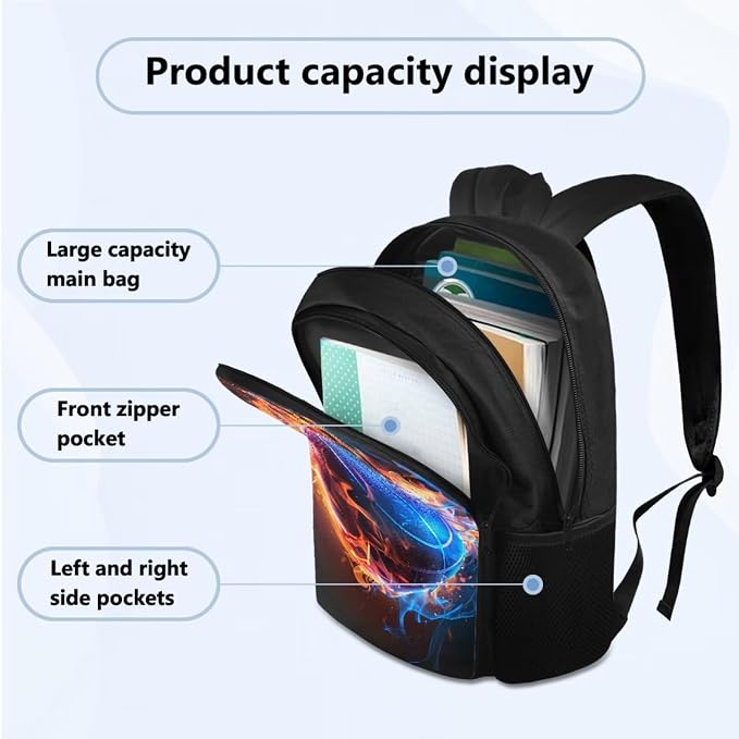 School Backpack for Teens School Bags, Basketball Flame Kids Schoolbag Include Leakproof Lunch Box Pencil Case Water Bottle Organizer for Preschool Elementary Bookbag Travel Daypack - Image 2