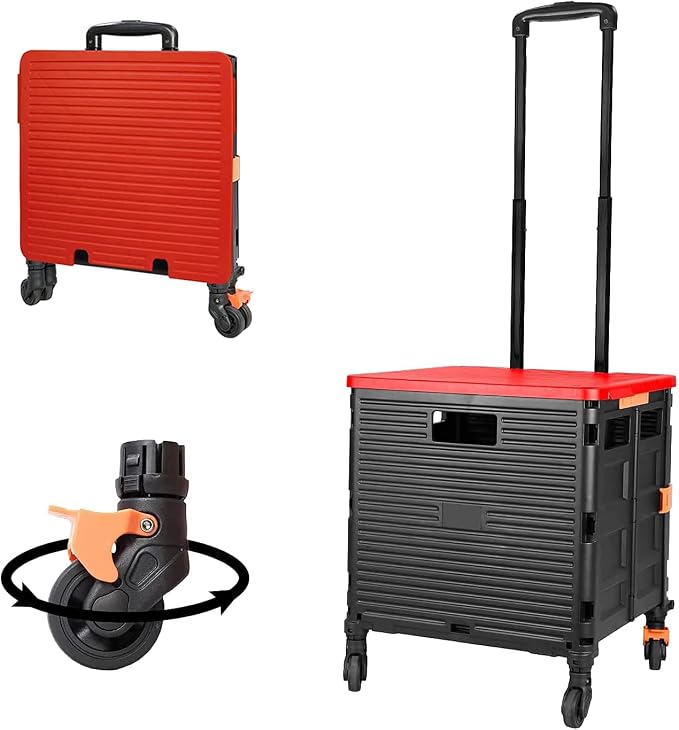 FELICON SELORSS Foldable Utility Cart Folding Portable Rolling Crate-Red | Heavy Duty,Telescoping Handle,4 Rotate Wheels,Collapsible Handcart for Travel Shop Move Luggage Laundry Teacher Office Use by FELICON
