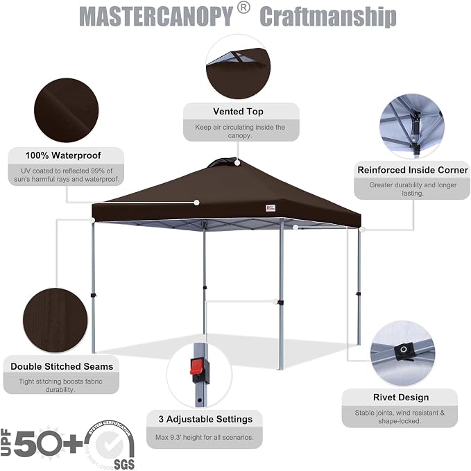 MASTERCANOPY 10x10 Pop Up Canopy Tent, 1 Person Setup Instant Shelter,Outdoor Portable Beach Canopy with Roller Bag, 4 Sandbags, 4 Ropes, 8 Stakes (10x10, Brown) - Image 3