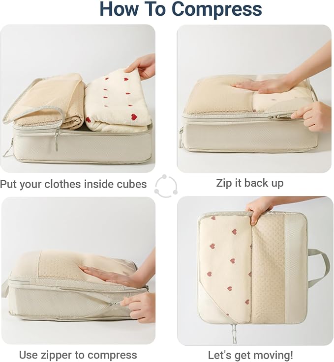 6 Set Compression Packing Cubes,Garment bags for travel,Luggage Organizers for Carry-on Suitcase,Beige - Image 6