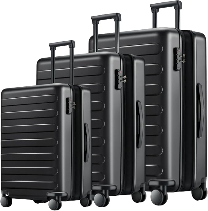 NINETYGO Luggage Sets 3 Piece, Carry On Luggage Airline Approved, Medium Large Checked Luggage with Spinner Wheels, Expandable, Hard Shell PC Suitcase Sets, TSA, 20in/24in/28in (Black, Rhine Max) by NINETYGO