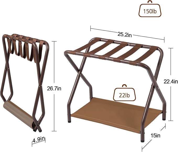 AMHANCIBLE Luggage Rack, Set of 2, Foldable Suitcase Stands for Guest Room, Metal Luggage Holder with Storage Shelf for Bedroom, Hotel, Easy Assemble, Bronz HLR02BZ - Image 4
