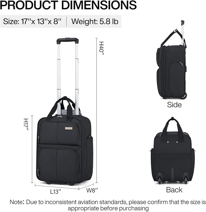 Hanke 16 Inch Underseat Carry On Luggage With Wheels, Small Rolling Suitcase Lightweight Under Seat Carry On Bag, Airline Approved Personal Item Overnight Softside Travel Luggage Bag,Black - Image 3