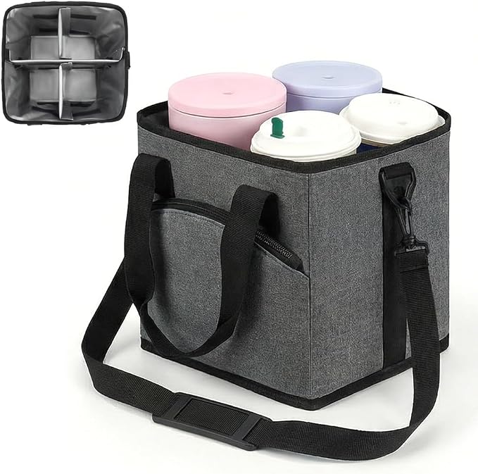 Family Size 4 Compartment Drink Bag, Reusable Drink Carrier with Handle Insulated, Collapsible 4-Cup Beverage Bag with No-Spill Base, Adjustable Dividers & Shoulder Strap, Portable Caddy by BNGXR