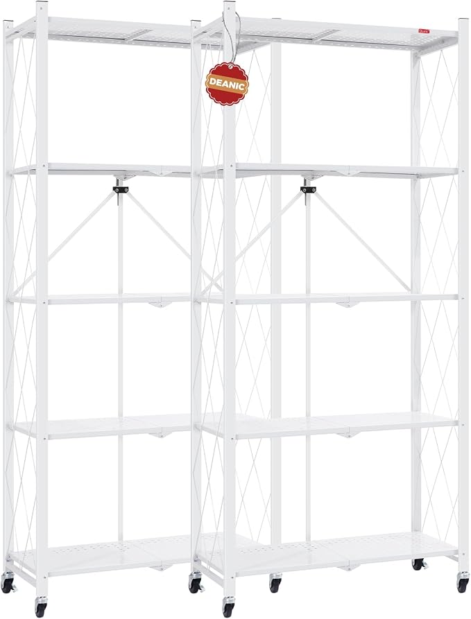 DEANIC 5 Tier Foldable Storage Shelves with Wheels, Large Capacity Shelving Unit, Freestanding Metal Wire Shelf Rack, No Assembly Organizer Rack for Garage Kitchen, Basement, Pantry(White Pack of 2) by ShowNow