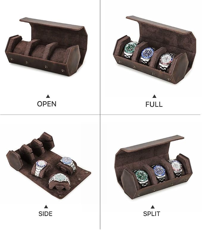 Genuine Leather Watch Roll Travel Case, Vintage Full Grain Leather Hexagon Watches Storage Organizer with Display Removable Pillows & Solid Dividers for Home Storage &Display(3 Slots) - Image 3