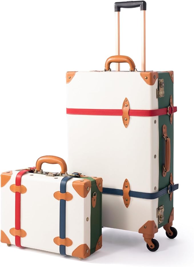 COTRUNKAGE 2 Piece Vintage Luggage Set Check-in Suitcase, White/Green | Spinner Wheels, TSA-Approved Locks, Detabchable Straps by COTRUNKAGE