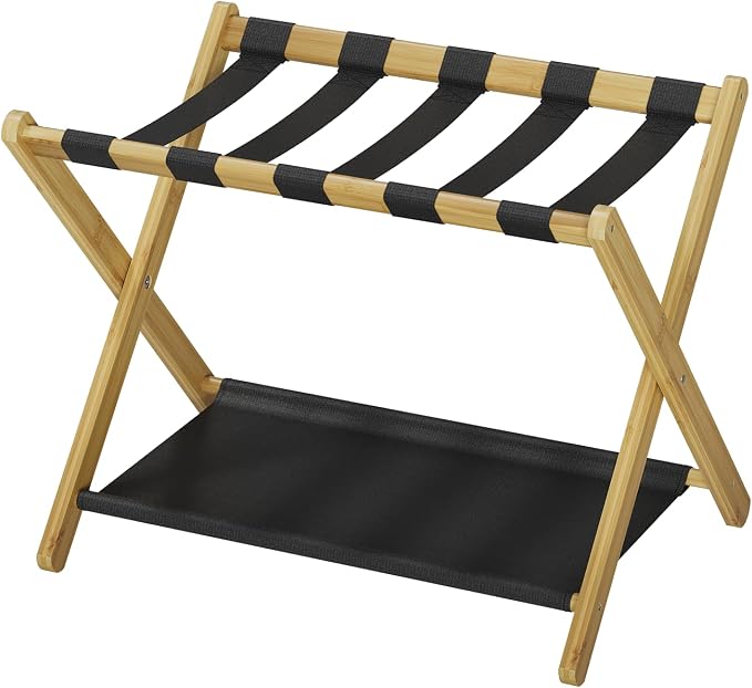 Smart FENDEE Luggage Rack, Folding Luggage Rack for Guest Room, Bamboo Suitcase Stand Holds up to 131 lb, Luggage Stand with Storage Shelf for Hotel, Bedroom (1 Pack) by SmartFENDEE
