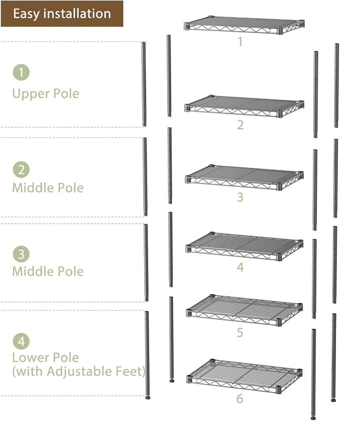 Golpart Small 6 Tier Shelves Storage Wire Shelving Unit Metal Shelf Adjustable Organizers Storage Shelving with Wheels for Bathroom Laundry Room Kitchen Pantry11.7”D x 17.7”W”W x 61.6”H Black - Image 7