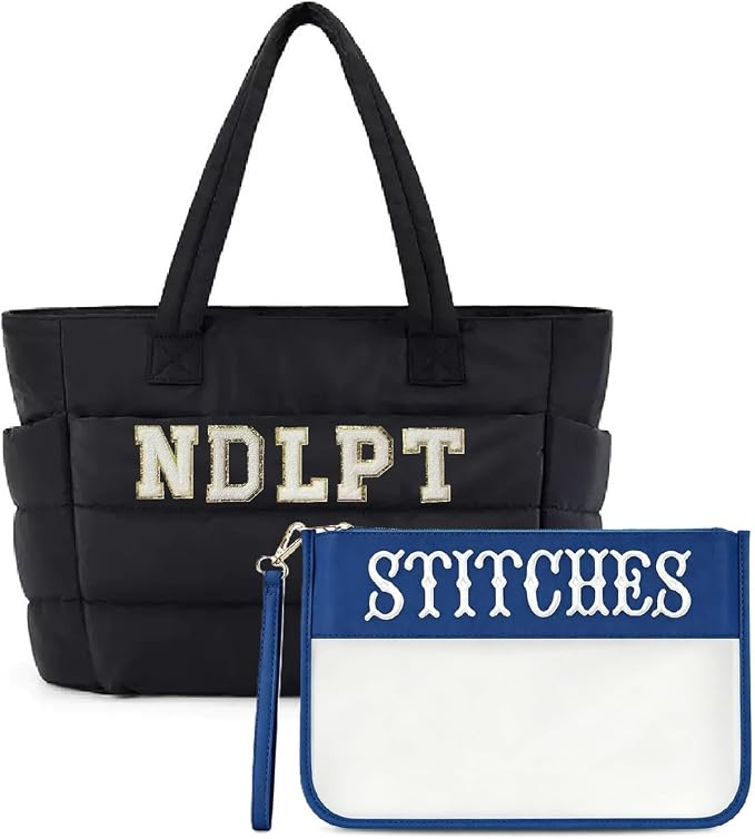 Needlepoint (NDLPT) Tote Bag & Clear Stitching Zipper Pouch Set (Black) | Lightweight Puffy Project Bag for Embroidery Sewing Craft Storage Organizer – Gifts for Stitchers by RF+REENFAYA
