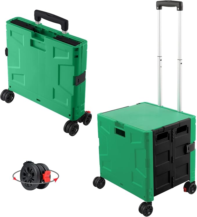 FELICON Folding Utility Cart Rolling Crate Handcart Basket-Dark Green+Black | Collapsible Hidden Lid,Plastic Box,Telescoping Handle,4 Rotate Wheels for Travel Shop Move Grocery Laundry Office Teacher Use by FELICON