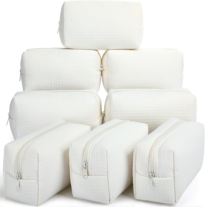 Gilprop 8 Pcs Holiday Gifts for Women Cozy Makeup Bag Portable Travel Waffle Toiletry Bag Soft Wedding Makeup Organizer Large Pouch with Zipper for Bridesmaid Friend (White) by Gilprop