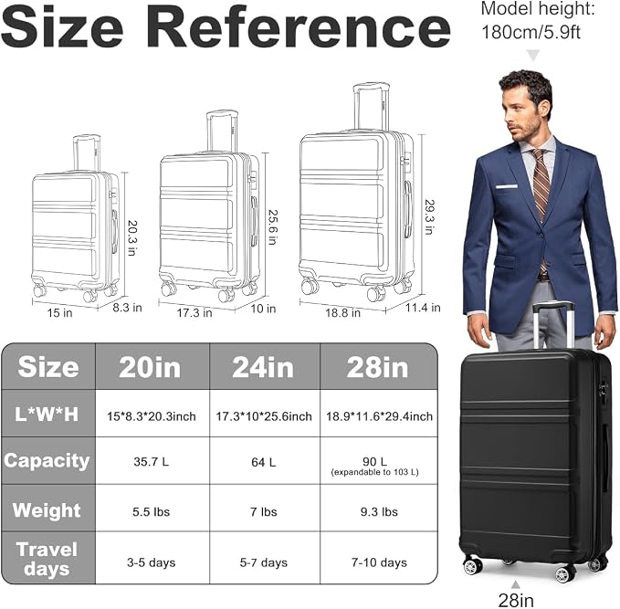 Kono 28 Inch Luggage Expandable Suitcase with Spinner Wheels TSA Lock | Lightweight PC+ABS Hardside Large Checked Luggage Durable Rolling Suitcase Black - Image 6
