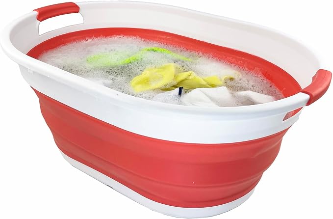 SAMMART 39L (10.3 gallons) Collapsible Plastic Laundry Basket - Foldable Washing Tub - Easy Storage & Pop Up Saving (White/Coral Pink) - Image 5