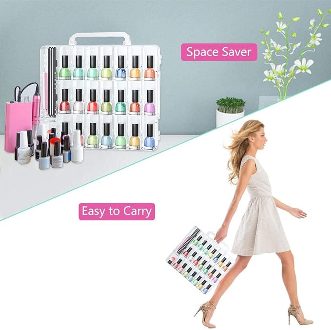 Nail Polish Organizer Case for 48 Bottles, Gel Nail Polish Storage Holder | Double Side Adjustable Space Divider for Acrylic Nail Gel Dip Powder Tips Set with Two Toe Separator - Image 5