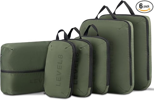 LEVEL8 Compression Packing Cubes for Suitcase, 6 Set Travel Bags with Shoe Organizer, Packing Organizers Travels Accessories in 4 Sizes (Extra Large, Large, Medium, Small), Green by LEVEL8