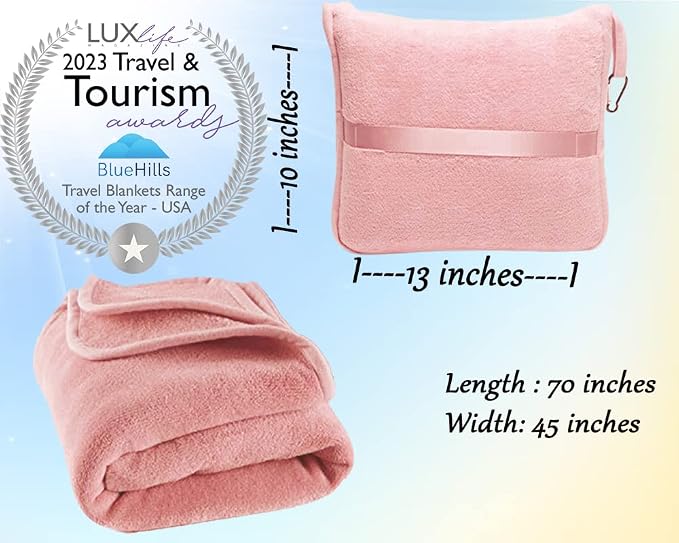 BlueHills Long Travel Blanket Pillows for Two Airplane Traveling Essentials Flight Throws in Bag case with Backpack Clip Compact Large Plane Accessories – Black and Pink - Image 3