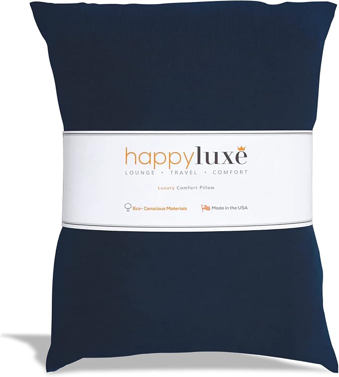 Happyluxe Travel Pillow for Long Flights - Soft, Small, Alternative to Down and Memory Foam. 17 x 13in - Made in the USA, Navy Blue Airplane Pillow for Adults Sleeping, Camping or Nap by Happyluxe