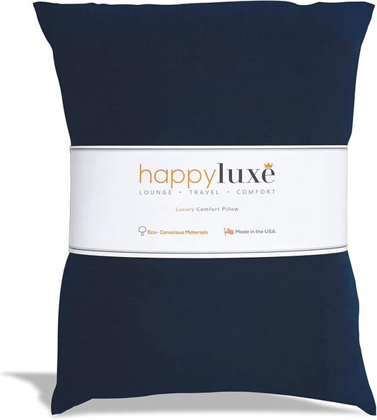 Happyluxe Travel Pillow for Long Flights - Soft, Small, Alternative to Down and Memory Foam. 17 x 13in - Made in the USA, Navy Blue Airplane Pillow for Adults Sleeping, Camping or Nap by Happyluxe