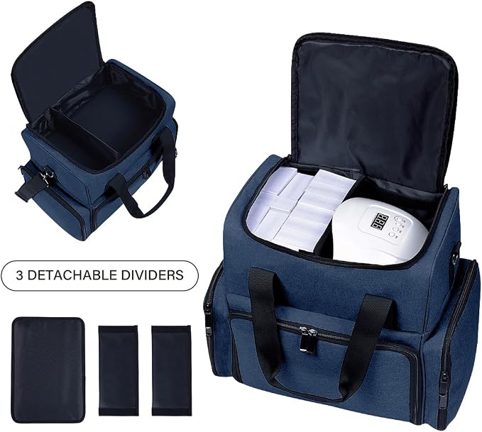 Large Makeup Bag Double Layer with 3 Removable Case,Blue | Large Makeup Bag with 3 Removable Case and 2 Removable Dividers Double Layer Travel Cosmetic Makeup Brushes Storage Section - Image 4