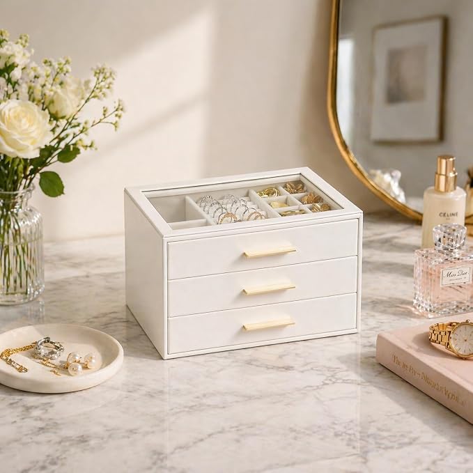 GUOER Jewelry Box for Women, Glass Lid Jewelry Organizer with 3 Drawers PU Jewelry Storage Case for Necklaces Rings Earrings Bracelets, Mother's Day, White - Image 4