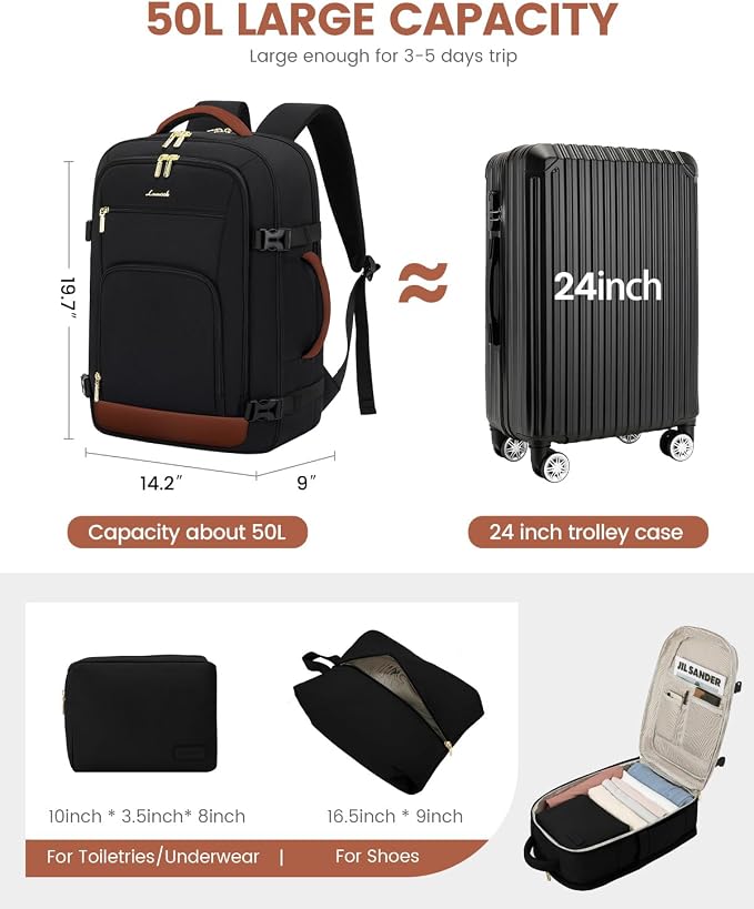LOVEVOOK Travel Backpack For Women Flight Approved, 50L Large Carry On Backpack For Airplanes, Personal Item Travel Bag, Waterproof 18 Inch Laptop Backpack For Business Weekender Overnight, 4Pcs Set - Image 2