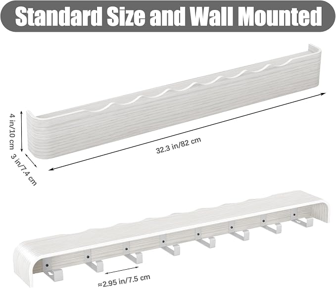 Coat Rack Wall Mount with Shelf 8 Hidden Hooks Modern Wooden Key Holder Entryway Organizer for Hallway Bedroom Bathroom Home Decor Storage for Hanging Coats Hats Bags Towels, Wave-Shape White - Image 3