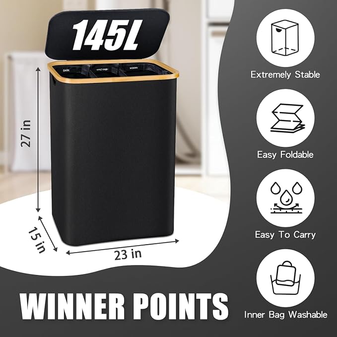 Hampers for Laundry Basket with Lid, 145L Large Laundry Hamper 3 Section | Dirty Clothes Hamper Separator with 3 Removable Bags & 5 Labels, Divided Laundry Organizer for Bedroom, Laundry Room, Black - Image 6