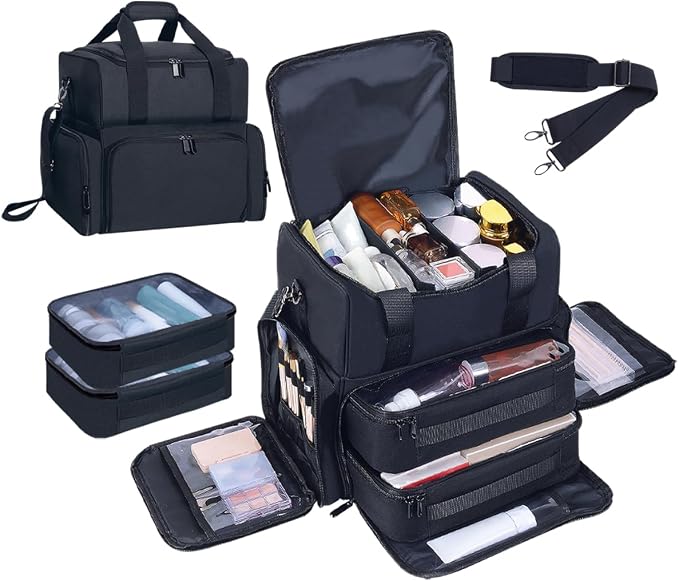 Large Makeup Bag with 2 Removable Case Cosmetic,Black | Large Makeup Bag with 2 Removable Case Multifunctional Cosmetic Bag Double Layer Travel Toiletry Organizer by Unknown