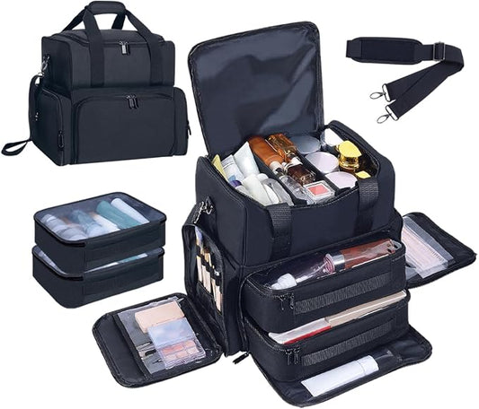 Large Makeup Bag with 2 Removable Case Cosmetic,Black | Large Makeup Bag with 2 Removable Case Multifunctional Cosmetic Bag Double Layer Travel Toiletry Organizer by Unknown