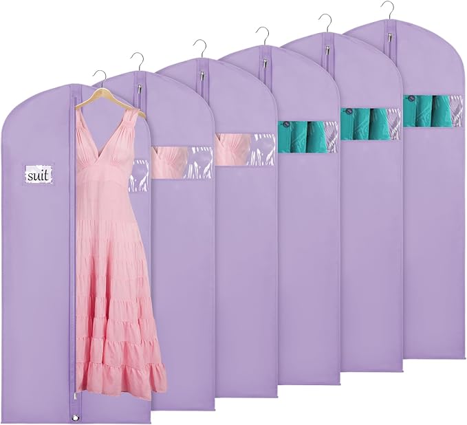 KEEGH Garment Bags for Hanging Clothes 60" (Set of 6) Dress Bags for Gowns Long Dress Bags for Closet Storage with Zipper and Eye-Hole for Folding for Suit Coats Dresses, Purple by KEEGH
