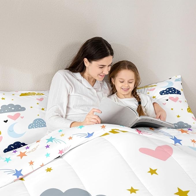 Kawaii Comforter Set With 2 Pillow Cases, Moon Stars Cloud Bedding Set Queen Size For Kids Girls Boys Children,Pink Love Heart Quilt Cartoon Rainbow Down Comforter Soft Cozy Lightweight Duvet Insert - Image 5