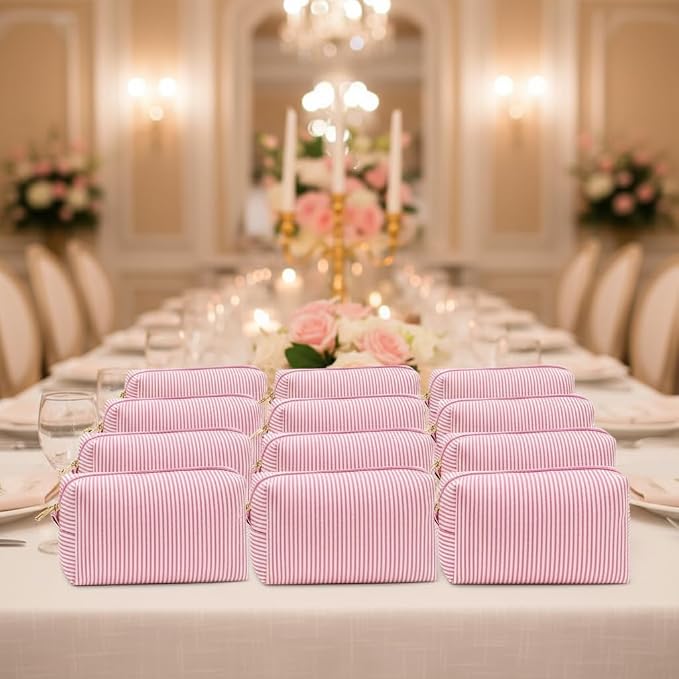 12 PACK Makeup Bags-Bulk Seersucker Cosmetic Bag for Women Bridesmaid Gifts Makeup Pouch for Wedding Party Favors Bachelorette Party Decorations Travel Toiletry Organizer Graduation Gifts(12, Pink) - Image 7